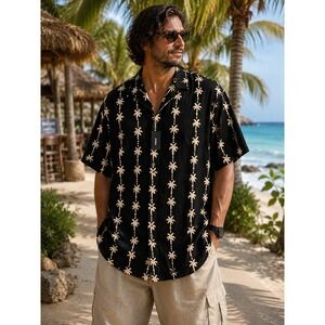 Express Men's XL Palm Tree Button Up Shirt Black‎ Cream Tropical Resort NWT